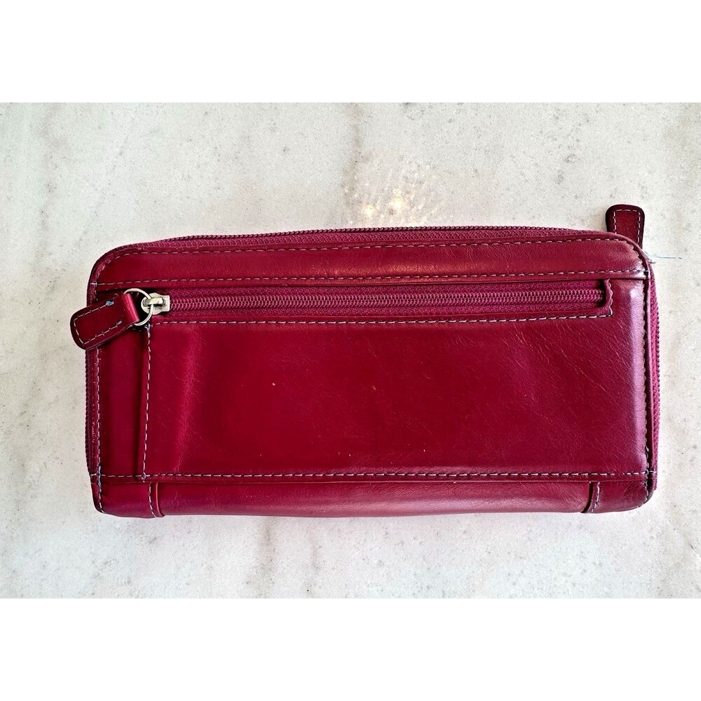 Soft Italian Leather Verde Pelle Large Zippered Wallet Clutch Burgundy Multi - Picture 4 of 12